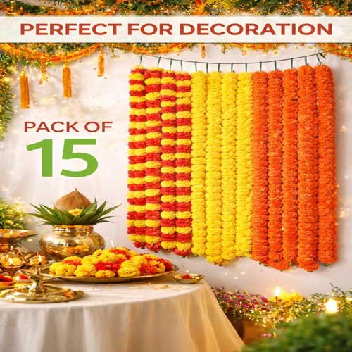 Beautifully crafted artificial marigold garlands designed to elevate festive décor with vibrant colors and traditional charm. Artificial Marigold Garland Decorative Flower Strings.
