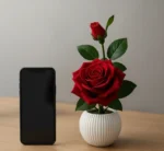 Decorative artificial rose plant for home décor with red roses in white ceramic pot