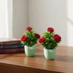 Artificial red rose plant set of 4 in white decorative pots for home and office décor