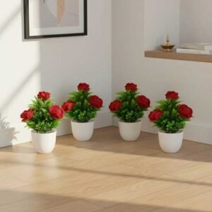 Artificial red rose plant set of 4 in white decorative pots for home and office décor